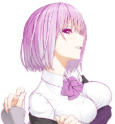Rule 34 | 10s, 1girl, bow, bowtie, breast hold, breast press, breasts, brown eyes, collared shirt, female focus, from side, gridman universe, grin, hair between eyes, hand up, highres, jacket, large breasts, light purple hair, light smile, looking at viewer, looking to the side, neck, off shoulder, parted lips, purple bow, purple bowtie, purple jacket, shinjou akane, shirt, short hair, simple background, sleeves past wrists, smile, solo, ssss.gridman, upper body, white background, white shirt, wonton