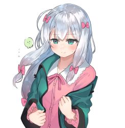 Rule 34 | 1girl, absurdres, aqua eyes, blush, bow, closed mouth, collarbone, commentary request, eromanga sensei, flying sweatdrops, green jacket, hair bow, highres, izumi sagiri, jacket, long hair, long sleeves, looking at viewer, open clothes, pajamas, pink bow, pink ribbon, ranf, ribbon, silver hair, simple background, smile, solo, stuffed toy, sweat, upper body, very long hair, white background