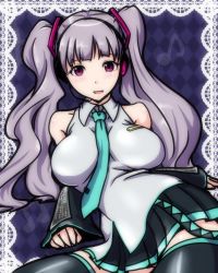 Rule 34 | 1girl, between breasts, black thighhighs, breasts, clearite, cosplay, detached sleeves, female focus, hatsune miku, hatsune miku (cosplay), highres, idolmaster, idolmaster (classic), large breasts, long hair, musical note, necktie, pleated skirt, purple eyes, shijou takane, silver hair, skirt, solo, thighhighs, twintails, vocaloid, zettai ryouiki