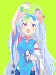 Rule 34 | animal ears, blue archive, blush, breasts, chinese clothes, detached sleeves, fang, green background, hair ribbon, halo, highres, kyuuri (miyako), long hair, medium breasts, mouse (animal), mouse ears, open mouth, red eyes, ribbon, saya (blue archive), silver hair, simple background, solo, vial