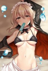 Rule 34 | 1girl, apron, armpits, artoria pendragon (all), artoria pendragon (alter swimsuit rider) (fate), artoria pendragon (alter swimsuit rider) (second ascension) (fate), artoria pendragon (fate), bad id, bad twitter id, beach, bikini, black bikini, blonde hair, blush, braid, breasts, day, detached collar, fate/grand order, fate (series), food, frills, groin, harimoji, jacket, looking at viewer, lying, maid, maid bikini, maid headdress, medium breasts, mouth hold, navel, on back, open clothes, outdoors, popsicle, ribbon, saber alter, sand, shade, sidelocks, solo, stomach, sweat, swimsuit, unconventional maid, water drop, yellow eyes
