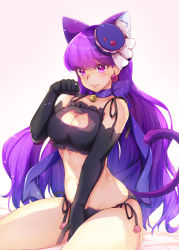 Rule 34 | 10s, 1girl, :3, absurdres, animal ears, bell, between legs, black bra, black gloves, black panties, blush, bra, breasts, cat cutout, cat ear panties, cat ears, cat lingerie, cat tail, choker, cleavage, cleavage cutout, closed mouth, clothing cutout, cure macaron, earrings, elbow gloves, extra ears, food-themed hair ornament, frilled bra, frills, gloves, hair ornament, hand between legs, hand up, has bad revision, has downscaled revision, highres, jewelry, jingle bell, kirakira precure a la mode, kotozume yukari, large breasts, lingerie, long hair, macaron hair ornament, md5 mismatch, meme attire, navel, neck bell, panties, paw pose, paw print, precure, purple eyes, purple hair, resolution mismatch, satou (kuso-neet), side-tie panties, sitting, smile, solo, source smaller, spread legs, tail, thighs, underwear, very long hair