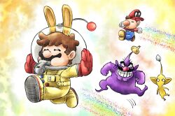 Rule 34 | 2others, 3boys, ^ ^, animal ears, big nose, brown hair, cappy (mario), closed eyes, cosplay, costume switch, formal, full body, glasses, gloves, hat, kicdon, long sleeves, mario, mario (cosplay), mario (series), multiple boys, multiple others, nintendo, olimar, olimar (cosplay), pikmin (creature), pikmin (series), pointy ears, rabbit ears, rainbow, red gloves, red headwear, shoes, short hair, super mario odyssey, super smash bros., teeth, wario, white gloves