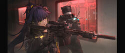 Rule 34 | 1girl, 1other, absurdres, alisi, arknights, black gloves, black headwear, black jacket, black pants, black shirt, bullet hole, commentary, gloves, gun, hair intakes, helmet, highres, holding, holding gun, holding weapon, jacket, jessica (arknights), laser sight, long hair, open clothes, open jacket, pants, parted lips, pillarboxed, ponytail, purple hair, shirt, solo focus, upper body, very long hair, weapon, weapon request, window, yellow eyes