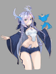 Rule 34 | 1girl, ahoge, bare legs, blue eyes, blue shorts, braid, closed mouth, cowboy shot, creature, cropped legs, expressionless, female focus, grey background, hair ornament, hair over shoulder, hami (wjdwlsdnr112), highres, legs, long hair, looking at viewer, maplestory, maplestory 2, navel, purple hair, short shorts, shorts, shrug (clothing), simple background, solo, soul binder (maplestory 2), standing, twin braids