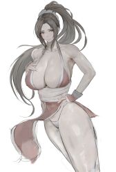Rule 34 | 1girl, breasts, brown eyes, brown hair, cleavage, fatal fury, highres, huge breasts, large breasts, long hair, looking at viewer, parted lips, ponytail, shiranui mai, simple background, solo, standing