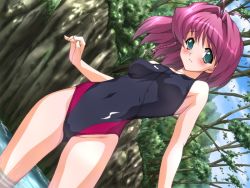 Rule 34 | 1girl, antenna hair, aqua eyes, armpits, bare shoulders, blush, braid, cloud, competition swimsuit, day, dutch angle, embarrassed, game cg, hair intakes, hanabana no omohi..., joy ride, nature, navel, one-piece swimsuit, outdoors, pink hair, sakurai waka, short hair, side braid, skin tight, sky, solo, standing, swimsuit, thighs, tree, wading, water, wet