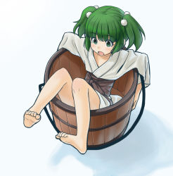 Rule 34 | 1girl, bad id, bad pixiv id, barefoot, blush, bucket, feet, female focus, full body, green eyes, green hair, hair bobbles, hair ornament, in bucket, in container, japanese clothes, kisume, matching hair/eyes, obi, open mouth, sash, shiba itsuki, short hair, simple background, solo, toes, touhou, twintails, white background