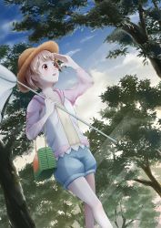 Rule 34 | 1girl, bad id, bad pixiv id, blue sky, brown eyes, brown hair, butterfly net, dutch angle, forest, hand net, hand up, hat, highres, kira (natsu), looking to the side, nature, original, outdoors, shirt, shorts, sky, solo, standing, straw hat, summer, tree, yellow shirt