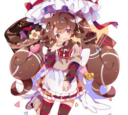 Rule 34 | 1girl, :d, absurdres, apron, artist logo, artist name, bow, brown hair, brown shirt, brown sleeves, brown thighhighs, cake, candy, chocolate, chocolate bar, chocolate cake, cowlick, dress, drooling, food, furrowed brow, hair bow, hand on own cheek, hand on own face, hand up, hat, hat bow, hat ribbon, head tilt, heart, highres, layered sleeves, long hair, long sleeves, low wings, mouth drool, multicolored bow, multicolored sleeves, multicolored thighhighs, open mouth, original, personification, pink bow, plaid, plaid skirt, red bow, red eyes, red sleeves, red thighhighs, ribbon, shirt, simple background, skirt, smile, standing, standing on one leg, striped bow, striped clothes, striped thighhighs, thighhighs, thighs, triangle, twintails, uenomigi, waist apron, white background, white bow, white headwear, wings, yellow bow, ||/