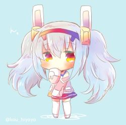 Rule 34 | 1girl, animal ears, azur lane, bare shoulders, blue background, blue hair, blush, camisole, chibi, closed mouth, full body, grey footwear, hair between eyes, hairband, jacket, kou hiyoyo, laffey (azur lane), long sleeves, lowres, off shoulder, pink jacket, pleated skirt, rabbit ears, red eyes, red hairband, red skirt, skirt, sleeves past fingers, sleeves past wrists, solo, standing, thighhighs, twintails, twitter username, white camisole, white thighhighs