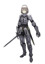 Rule 34 | 1girl, armor, armored boots, blue eyes, boots, closed mouth, full armor, full body, fumikazu, holding, holding sword, holding weapon, looking at viewer, original, ponytail, sheath, simple background, solo, sword, weapon, white background