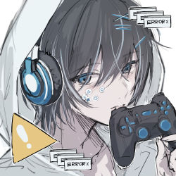 Rule 34 | 1boy, absurdres, blue eyes, blue hair, blurry, blurry background, collarbone, controller, artistic error, error message, eyes visible through hair, game controller, grey hair, hair between eyes, hair ornament, hairclip, headphones, highres, holding, holding controller, holding game controller, hood, hood up, light blue hair, lip piercing, male focus, multicolored hair, original, piercing, sign, simple background, sketch, sticker, sticker on face, streaked hair, upper body, warning sign, white background, white xxxx, x hair ornament