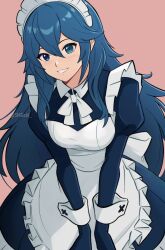 Rule 34 | 1girl, apron, blue eyes, blue hair, blush, brown background, commentary, english commentary, fire emblem, fire emblem awakening, grin, hair between eyes, highres, juliet sleeves, leaning forward, long hair, long sleeves, lucina (fire emblem), maid, maid apron, maid headdress, nintendo, puffy sleeves, simple background, smgold, smile, solo, teeth, twitter username