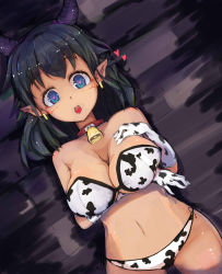 Rule 34 | 1girl, animal print, bell, neck bell, bikini, black hair, blue eyes, breasts, cameltoe, collar, cow girl, cow print, cowbell, gloves, heart, heart-shaped pupils, horns, large breasts, looking at viewer, mirudelic, open mouth, original, pointy ears, solo, swimsuit, symbol-shaped pupils