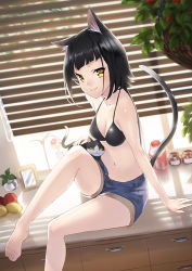 Rule 34 | 1girl, animal ears, arm support, barefoot, bikini, bikini top only, black bikini, black hair, breasts, cat, cat ears, cat tail, cleavage, feet, looking at viewer, navel, original, shorts, small breasts, smile, solo, swimsuit, tail, unowen, yellow eyes