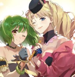 Rule 34 | 2girls, ;), arm strap, black headwear, blonde hair, blue eyes, breasts, brown eyes, cleavage, closed mouth, collar, floating hair, gloves, green hair, grey gloves, hat, highres, holding, holding microphone, long hair, macross, macross frontier, macross frontier: sayonara no tsubasa, medium breasts, microphone, mini hat, multiple girls, one eye closed, pote-mm, ranka lee, sheryl nome, simple background, smile, strapless, twintails, upper body, white background