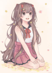 Rule 34 | 1girl, :d, annabel-m, bare arms, bare shoulders, bow, bowtie, brown eyes, brown footwear, brown hair, flower, full body, hair bow, high-waist skirt, long hair, open mouth, original, pink flower, pleated skirt, red bow, red bowtie, red skirt, seiza, shirt, shoes, sitting, skirt, sleeveless, sleeveless shirt, smile, solo, twintails, very long hair, white shirt, yellow flower