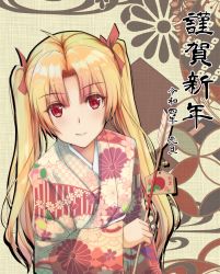 Rule 34 | 1girl, alternate costume, alternate hairstyle, anatamo, arrow (projectile), blonde hair, ema, ereshkigal (fate), fate/grand order, fate (series), floral print, hair ribbon, hamaya, holding, holding arrow, japanese clothes, kimono, print kimono, red eyes, red ribbon, ribbon, smile, solo, twintails