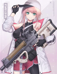 Rule 34 | 1girl, aqua eyes, ar-57, ar-57 (girls&#039; frontline), armor-piercing ammunition, assault rifle, black gloves, black shirt, breasts, carbine, character name, closed mouth, feet out of frame, fingerless gloves, fn 5.7x28mm, girls&#039; frontline, gloves, gun, hand on headwear, handgun cartridge, hideo0605, highres, holding, holding gun, holding weapon, horizontal magazine, jacket, long hair, looking at viewer, medium breasts, open clothes, open jacket, pdw cartridge, personal defense weapon, pink hair, pink shorts, pistol-caliber carbine, pistol cartridge, rifle, see-through, shirt, shorts, simple background, single thighhigh, smile, solo, standing, submachine gun, supersonic ammunition, thighhighs, translucent, weapon, white headwear, white jacket