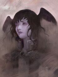 Rule 34 | 1girl, artist name, bird wings, black eyes, black hair, brown background, commentary, expressionless, final fantasy, final fantasy xiv, from side, head wings, high collar, highres, meteion, painterly, portrait, realistic, scherville, short hair, signature, solo, symbol-only commentary, wavy hair, wings