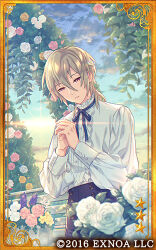 Rule 34 | 1boy, arch, black pants, blonde hair, blue ribbon, bungou to alchemist, buttons, card (medium), center frills, closed mouth, cloud, copyright notice, cowboy shot, cuff links, dethmath, double-breasted, floral arch, flower, flower pot, frills, hair between eyes, high-waist pants, long sleeves, lowres, male focus, medium hair, miki rofuu (bungou to alchemist), neck ribbon, official art, outdoors, own hands clasped, own hands together, pants, pink flower, pink rose, puffy long sleeves, puffy sleeves, purple eyes, purple flower, ribbon, rose, shirt, solo, sunrise, white flower, white rose, white shirt, yellow flower, yellow rose