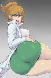 Rule 34 | 10s, 1girl, ass, aurea juniper, breasts, creatures (company), curvy, earrings, from behind, game freak, gradient background, green eyes, green skirt, grey background, happy, highres, huge ass, jewelry, lab coat, large breasts, light brown hair, live for the funk, looking at viewer, looking back, miniskirt, nintendo, open mouth, pencil skirt, pokemon, pokemon bw, short hair, simple background, skirt, smile, solo, thick thighs, thighs, wide hips