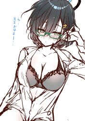 Rule 34 | 1girl, absurdres, blue archive, blue hair, breasts, chihiro (blue archive), cleavage, glasses, green-framed eyewear, green eyes, hair ornament, halo, hand on own head, highres, large breasts, lingerie, long sleeves, multicolored hair, shirt, simple background, sketch, solo, translation request, underwear, vent vert (kuuya), white background, white shirt