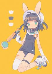 Rule 34 | 1girl, absurdres, animal ears, arm at side, asymmetrical legwear, bandaid, bow, rabbit ears, carrot, collar, covered navel, daizu (melon-lemon), flower, frills, from side, gloves, green eyes, gun, hand up, highres, holding, holding gun, holding weapon, index finger raised, looking at viewer, muted color, name tag, no nose, old school swimsuit, one-piece swimsuit, original, parted lips, ribbon, school swimsuit, simple background, solo, sweat, swimsuit, thigh gap, tulip, uneven legwear, weapon, white footwear, white gloves, yellow background