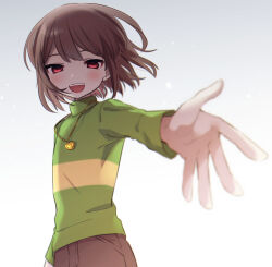 Rule 34 | 1other, arm at side, blush, bob cut, brown hair, brown pants, chara (undertale), foreshortening, gradient background, green sweater, grey background, half-closed eyes, heart, heart necklace, jewelry, leftporygon, long sleeves, looking at viewer, necklace, open mouth, outstretched arm, pants, reaching, reaching towards viewer, red eyes, short hair, smile, solo, striped clothes, striped sweater, sweater, teeth, turtleneck, turtleneck sweater, undertale, upper body, upper teeth only, white background, wind, yellow sweater