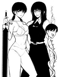 Rule 34 | 1boy, 2girls, absurdres, black hair, bra, breasts, chainsaw man, cleavage, cross scar, dress, facial scar, fourth east high school uniform, greyscale, hand on another&#039;s shoulder, highres, holding, holding sword, holding weapon, long hair, looking at viewer, low twintails, medium breasts, mitaka asa, monochrome, multiple girls, narrowed eyes, open mouth, panties, pinafore dress, ringed eyes, scar, scar on cheek, scar on face, school uniform, severed head, short hair, simple background, sleeveless, sleeveless dress, smile, spine, sword, tanaka (chainsaw man), thighs, twintails, underwear, weapon, white background, yones81239278, yoru (chainsaw man)