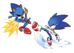 Rule 34 | 1boy, artist request, bad id, bad pixiv id, exhaust, fighting, kicking, male focus, metal sonic, robot, simple background, sonic the hedgehog, sonic (series), white background