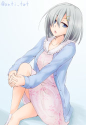 Rule 34 | 10s, 1girl, alternate costume, anti (untea9), blue eyes, casual, dress, floral print, hair ornament, hair over one eye, hairclip, hamakaze (kancolle), hands on knee, kantai collection, leg up, long hair, looking at viewer, open mouth, own hands clasped, own hands together, pink dress, print dress, short hair, silver hair, sitting, socks, solo, twitter username