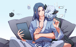 Rule 34 | !, 2boys, aged up, animal ears, black hair, cat ears, grey hair, grey robe, highres, holding, holding tablet pc, hug, long hair, long sleeves, luo xiaohei, luo xiaohei (human), luo xiaohei zhanji, multiple boys, parted lips, robe, short hair, signature, speech bubble, spoken exclamation mark, suncle, tablet pc, upper body, wide sleeves, wuxian (the legend of luoxiaohei), yaoi