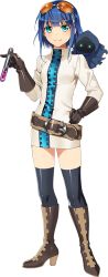 Rule 34 | 1girl, blue eyes, blue hair, boots, brown gloves, flask, frankenstein&#039;s castle, full body, gloves, goggles, goggles on head, k-suwabe, murakami yuichi, official art, oshiro project:re, oshiro project:re, short hair, smile, solo, thighhighs, transparent background
