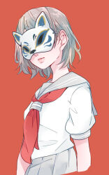 Rule 34 | 1girl, breasts, commentary request, cowboy shot, fox mask, grey hair, grey sailor collar, grey skirt, highres, kashikaze, love live!, love live! sunshine!!, mask, neckerchief, parted lips, pleated skirt, puffy short sleeves, puffy sleeves, red background, red neckerchief, sailor collar, school uniform, serafuku, shirt, short hair, short sleeves, simple background, skirt, small breasts, solo, uranohoshi school uniform, watanabe you, white shirt