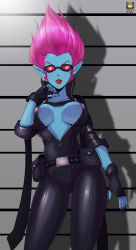 Rule 34 | 1girl, absurdres, alternate costume, areola slip, belt, belt pouch, big hair, black gloves, blue skin, bodysuit, breast press, breasts, breasts apart, center opening, cleavage, colored skin, contrapposto, cowboy shot, evelynn (league of legends), evelynn (old), fingerless gloves, fingernails, gloves, grey background, highres, kyoffie, league of legends, leather, lips, lipstick, long fingernails, long hair, looking at viewer, makeup, nail polish, parted lips, pink hair, pointy ears, pouch, red lips, safecracker evelynn, shiny clothes, short hair, sleeves rolled up, solo, spiked hair, standing, striped, striped background, sunglasses, unzipped, zipper