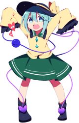 Rule 34 | 1girl, :d, arms up, black hat, full body, green eyes, green hair, green skirt, hat, hat ribbon, heart, heart of string, highres, komeiji koishi, looking at viewer, open mouth, ribbon, shirt, short hair, simple background, skirt, smile, solo, standing, third eye, touhou, white background, yellow ribbon, yellow shirt, you (noanoamoemoe)