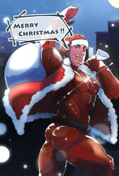 Rule 34 | 1boy, ass, bara, chest jewel, christmas, cityscape, english text, gift bag, glint, hat, haymer, highres, jacket, large pectorals, male focus, merry christmas, muscular, muscular male, original, pants, pectorals, red hat, santa costume, santa hat, short hair, snowing, solo, thick eyebrows, tight clothes, tight pants, turning around, waving