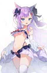 Rule 34 | 1girl, :o, animal ears, bare shoulders, bikini, bikini skirt, black bikini, blue eyes, bow, breasts, bridal gauntlets, cat ears, cowboy shot, detached sleeves, frilled bikini, frills, hair bow, highleg, highleg bikini, highres, long hair, long sleeves, looking at viewer, mishuo (misuo69421), navel, open mouth, original, purple hair, skindentation, small breasts, solo, standing, stomach, swimsuit, thighhighs, thighs, underboob, white thighhighs