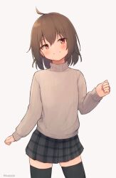 Rule 34 | 1girl, ahoge, black thighhighs, blush, brown hair, centi mnkt, closed mouth, grey background, grey skirt, grey sweater, hand up, highres, long sleeves, original, plaid, plaid skirt, pleated skirt, puffy long sleeves, puffy sleeves, red eyes, ribbed sweater, simple background, skirt, smile, solo, standing, sweater, thighhighs, turtleneck, turtleneck sweater