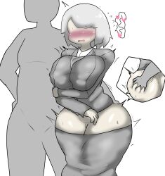 Rule 34 | 1boy, 1girl, ass, ass grab, blush, breasts, clothed sex, clothes, colored skin, enigi09, grabbing, grabbing another&#039;s ass, grabbing from behind, grey skin, heart, highres, huge breasts, large penis, open mouth, original, penis, sex, simple background, speech bubble, white background