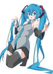 Rule 34 | 1girl, 3774., aqua eyes, aqua hair, aqua necktie, bare shoulders, black skirt, black sleeves, black thighhighs, blush, breasts, commentary, detached sleeves, full body, grey shirt, hair ornament, hatsune miku, holding, holding own hair, kneeling, long hair, looking at viewer, medium breasts, miniskirt, necktie, open mouth, pleated skirt, raised eyebrow, shirt, shoulder tattoo, skirt, sleeveless, sleeveless shirt, solo, tattoo, thighhighs, twintails, very long hair, vocaloid, white background, zettai ryouiki