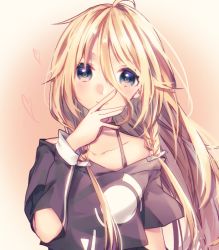Rule 34 | 1girl, blonde hair, blue eyes, blush, braid, closed mouth, collarbone, floating hair, hair between eyes, ia (vocaloid), long hair, looking at viewer, manya sora, off shoulder, smile, solo, twin braids, upper body, very long hair, vocaloid, white background