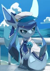 animal_focus blue_eyes blue_hair creatures_(company) game_freak gen_4_pokemon glaceon glaceon_(summer_sailor) hat highres long_hair nintendo no_humans pokemon pokemon_cafe_remix shiznar sidelocks sitting sittting solo