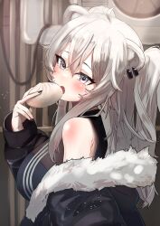 Rule 34 | 1girl, absurdres, ahoge, animal ears, baozi, black nails, blurry, blurry background, blush, commentary request, ear piercing, fang, food, from side, fur-trimmed jacket, fur trim, futoshi tanaka, grey eyes, grey hair, hair between eyes, highres, holding, holding food, hololive, imminent bite, jacket, lion ears, lion girl, long hair, looking at viewer, off shoulder, open mouth, piercing, shiny skin, shishiro botan, shishiro botan (1st costume), solo, two side up, upper body, virtual youtuber