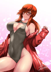 Rule 34 | 1girl, bare shoulders, belly, black one-piece swimsuit, breasts, cleavage, clothing cutout, coat, collarbone, commission, covered navel, cowboy shot, creatures (company), game freak, glasses, highleg, highleg swimsuit, highres, large breasts, leotard, long hair, looking down, lorelei (pokemon), nintendo, off shoulder, one-piece swimsuit, petals, pink background, pixiv commission, pokemon, pokemon frlg, red coat, red hair, signature, smile, solo, swimsuit, takecha, thighs