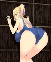 Rule 34 | 10s, 1girl, against wall, ass, backboob, bare shoulders, bent over, blonde hair, blue eyes, blush, breasts, cameltoe, curvy, from behind, hair ribbon, highres, huge ass, huge breasts, kawakami mai, kneepits, long hair, looking at viewer, looking back, musaigen no phantom world, nehani (tworship), one-piece swimsuit, presenting, purple eyes, ribbon, school swimsuit, shiny skin, side ponytail, solo, strap gap, swimsuit, wide hips
