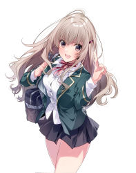 Rule 34 | 1girl, :d, ahoge, asahina-san quest, asahina mai (asahina-san quest), bag, blazer, blush, bow, breasts, brown eyes, cowboy shot, dress shirt, green jacket, hair ornament, hairclip, hand up, highres, index finger raised, jacket, light brown hair, long hair, long sleeves, looking at viewer, medium breasts, miniskirt, novel illustration, official art, open clothes, open jacket, open mouth, red bow, red neckwear, school bag, school uniform, shirt, simple background, skirt, smile, solo, teeth, textless version, u35, upper teeth only, v-shaped eyebrows, wavy hair, white background, white shirt