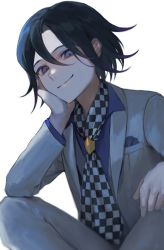 Rule 34 | 1boy, absurdres, breast pocket, checkered clothes, checkered scarf, collared shirt, danganronpa (series), danganronpa 10th anniversary costume, danganronpa v3: killing harmony, grey jacket, grey pants, hair between eyes, hand up, highres, jacket, long sleeves, male focus, official alternate costume, open clothes, open jacket, oma kokichi, pants, pink eyes, pocket, scarf, shiromo ooo, shirt, simple background, smile, white background